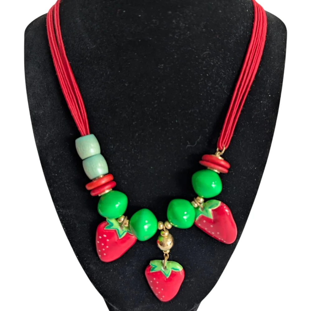 Strawberry Charm Necklace with Red and Green Beads - Picture 1 of 4